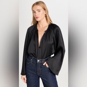 FRAME Shirred Satin Blouse in Black